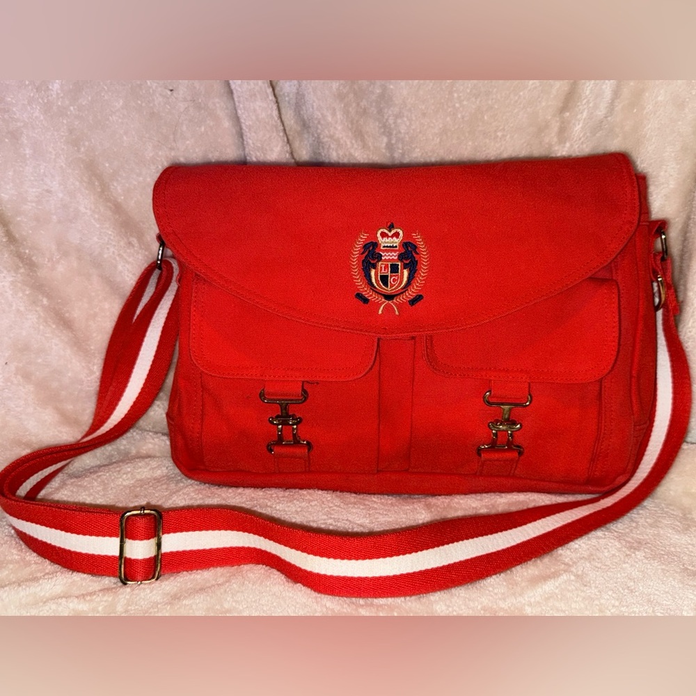 Vintage Y2K Liz Claiborne Red Canvas Preppy Crossbody Messenger Bag Embroidered